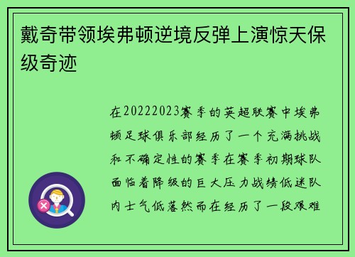 戴奇带领埃弗顿逆境反弹上演惊天保级奇迹 戴奇带领埃弗顿逆境反弹上演惊天保级奇迹